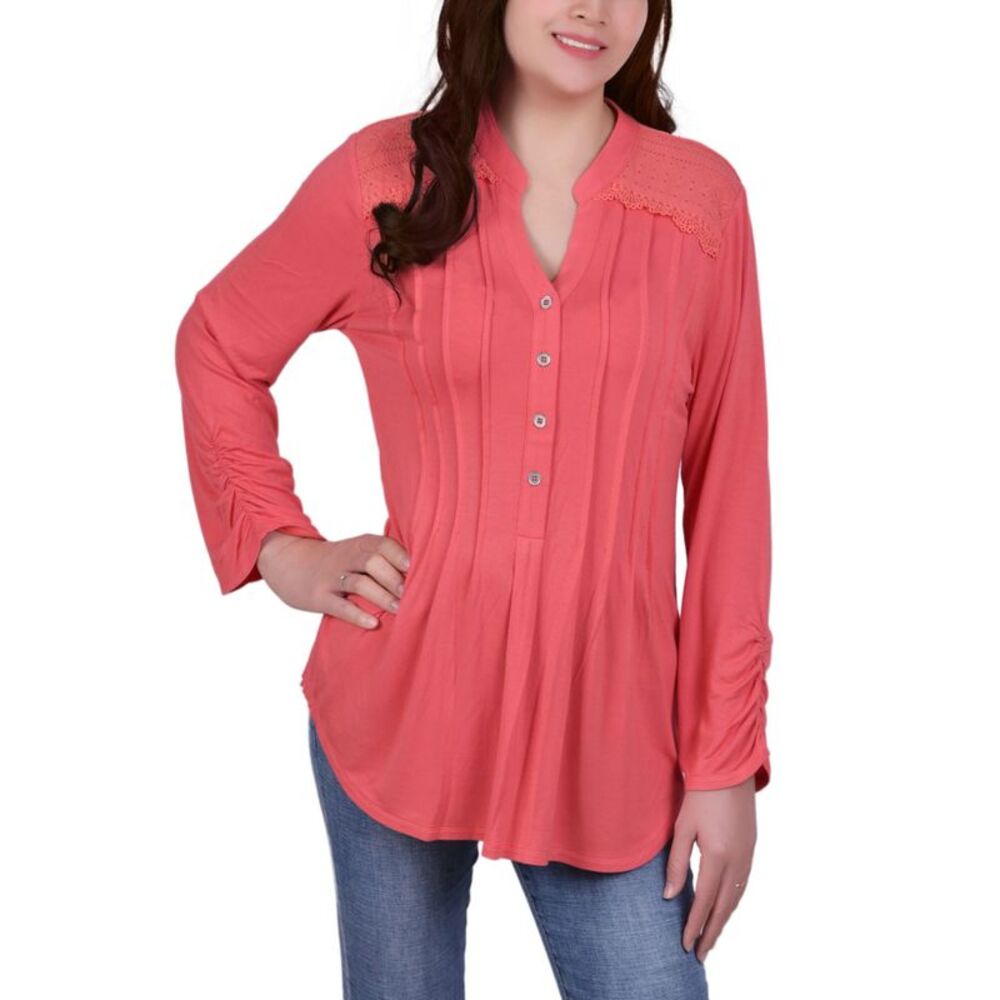 NY Collection Petite Y Neck With Rounded Hem Long Sleeve Pleat Front Top